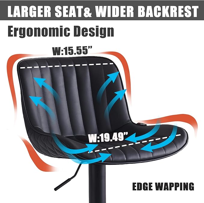 YOUNIKE Black Bar Stools Set of 2 Kitchen Counter Height Barstools with Back Modern Swivel Faux Leather Padded Bar Chair Adjustable Tall Upholstered Breakfast Island Chairs