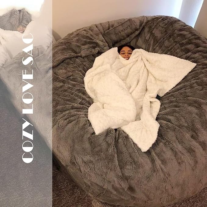 BCU Oversized Bean Bag Cover Comfy Beanbag Chair for Adults Without Filler Faux Fur Lazy Sofa Cover for Living Room Chairs, Grey, 5FT