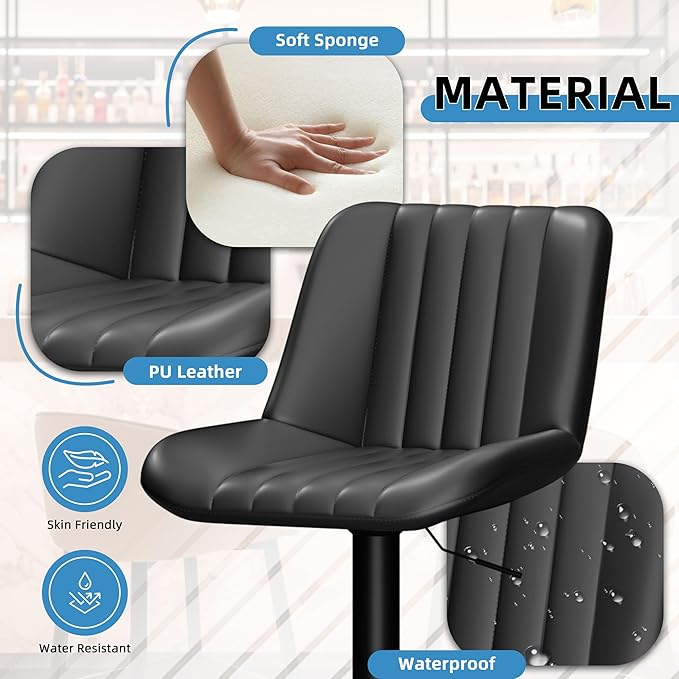 Shintenchi Swivel Bar Stools Set of 4, Adjustable Faux Leather Upholstered Swivel Counter Stools, Armless Bar Height Island Chairs with Back and Footrest, Black