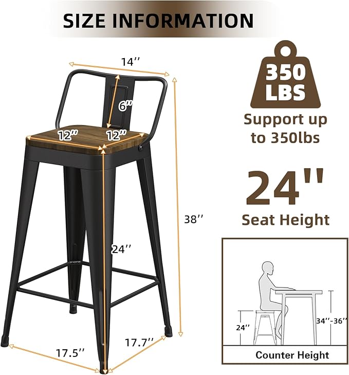 Black Bar Stools Set of 4, Metal Bar Stools with Wooden Seat, Modern 24”Counter Height Barstools with Low Back