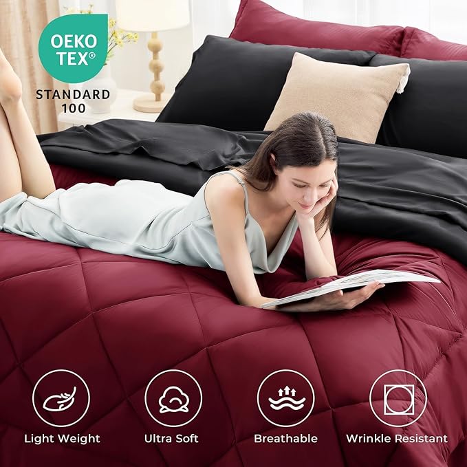HEVUMYI Red & Black Full Comforter Set - 7-Piece All Season Bed in a Bag Full, Ultra Soft Burgundy Bedding Set with Comforter, Flat Sheet, Fitted Sheet, Pillowcases, Pillow Shams, Burgundy Red & Black