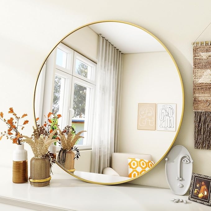 Gold Round Bathroom Mirror, 30 inch Circle Wall Mounted Hanging Mirror with Simple Modern Circular Metal Frame for Hallway, Entryway, Living Room, Gold Frame
