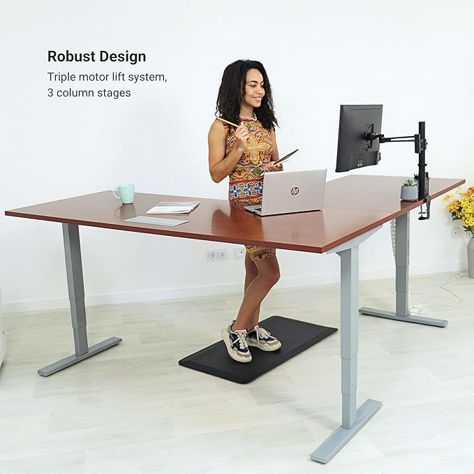 Progressive Desk Height Adjustable Computer Standing Desk - L Shaped 70" x 55" Corner Electric Stand Up Rising Workstation - Dark Cherry, Gray Frame