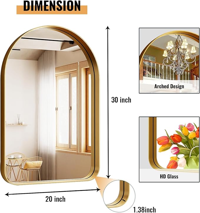 Arched Bathroom Mirror - 30x20 Inch Gold Bathroom Mirror for Wall - Aluminum Alloy Framed Mirror - Arched Top Bathroom Vanity Mirror for Living Room, Bedroom, Mantel, Entryway, and Hallways