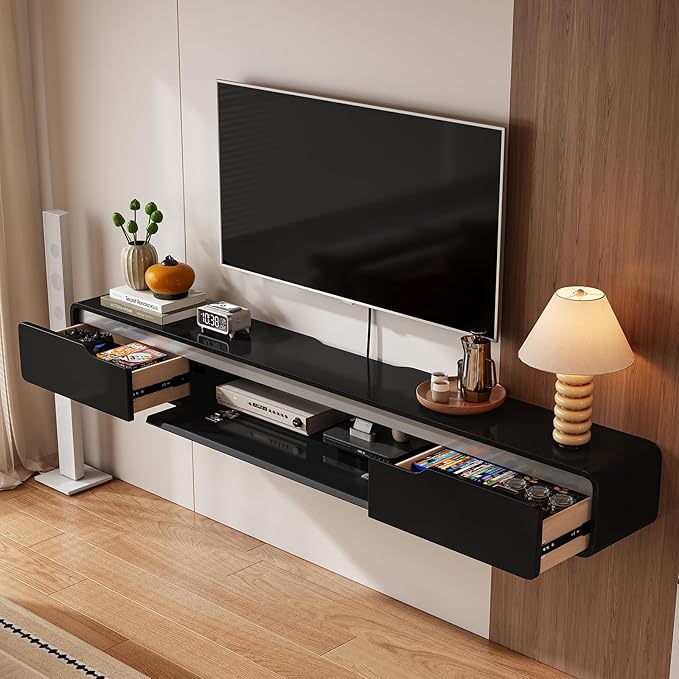 Fully-Assembled Floating TV Stand with Drawers, 94IN High Gloss Wall Mounted Entertainment Center, Modern Media Console with Storage, Under TV Shelf for Bedroom Living Room Black