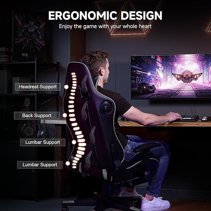 GTPLAYER Gaming Chair with Bluetooth Speakers and Footrest, Ergonomic Gamer Chair with Reclining Backrest, 3D Armrests, Adjustable Seat Height, Computer Desk Chair for Adults (Grey)