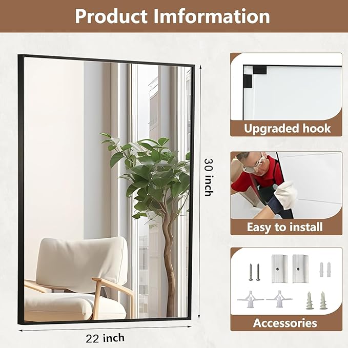 Black Bathroom Mirror, 22"x30" Rectangle Mirror, Matte Black Mirror, Metal Frame Square Corner Vanity Mirror, Wall Mounted Mirror for Modern, Living Room, Bedroom, Horizontal Or Vertical