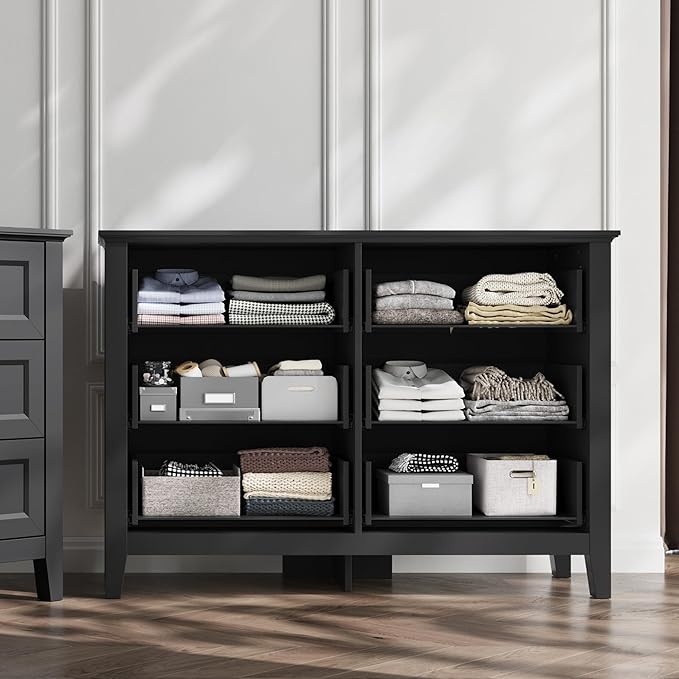 LINSY HOME 6 Drawers Dresser for Bedroom, 47" Wide Wooden Storage Chest with Antique Handles, Modern Farmhouse Dresser TV Stand with Wood Legs for Closet, Living Room, Hallway, Black