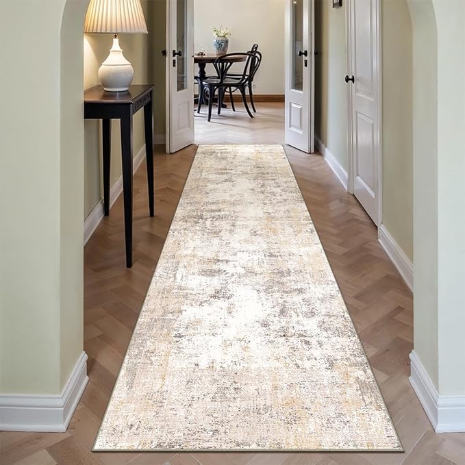 3x10 Washable Runner Rug Beige Grey Neutral Abstract Hallway Kitchen Living Room Bedroom Non Slip Throw Rug Soft Low Pile Indoor Carpet for Entrance Laundry Bathroom