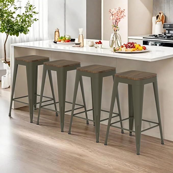 26 inch Backless Bar Stools Set of 4, Indoor Metal Bar Stools with Wood Seat, Industrial Counter Height Barstools for Kitchen Island, Rusty