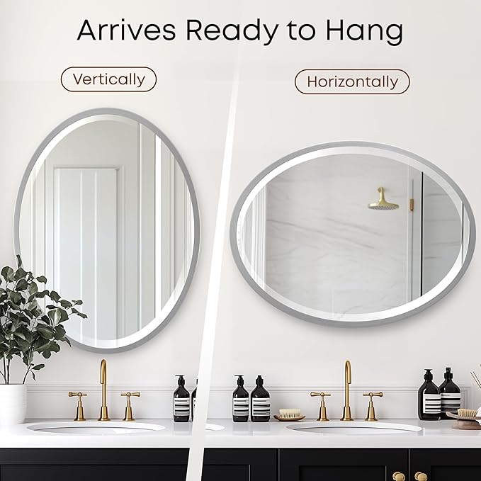 OVALCREST - Oval Wooden Beveled Wall Mirror for Home Decor, Bathroom, Vanity, Bedroom, Living Room, Hallway - London Style (Silver Spray) 23.1 x 29.1