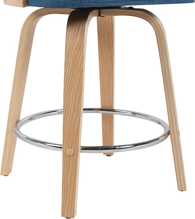 Sonia Modern Swivel Counter Height Bar Stool with Blue Upholstered Seat and Patterned Oak Wood Finish Set of 2