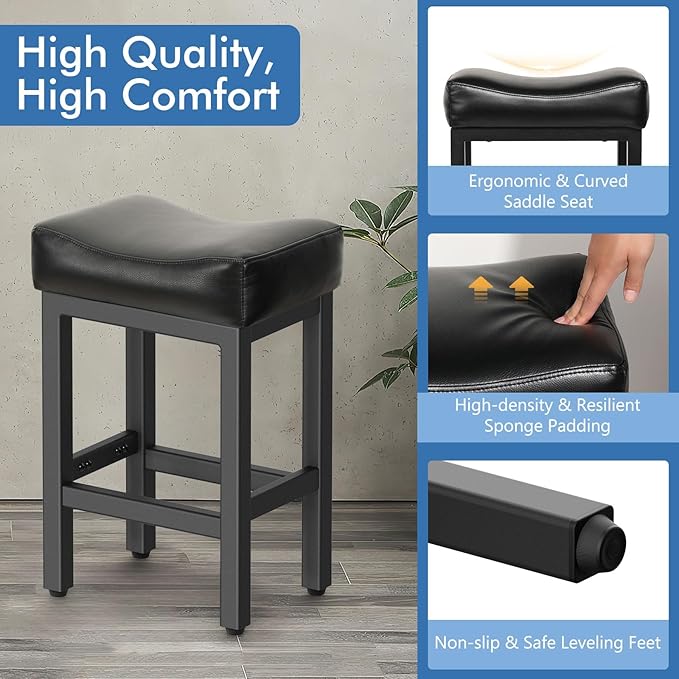 Counter Height Bar Stools Set of 2, 24 Inch Barstools for Kitchen Island Counter, Bonded Leather Kitchen Stools with Thick Saddle Seats & Heavy Duty Metal Base, Easy Assembly, All Black