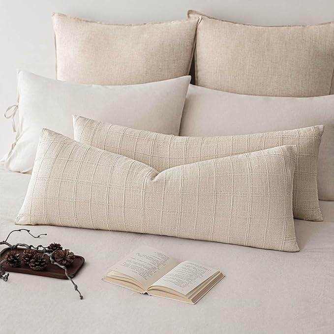 Foindtower Set of 2 Decorative Linen Check Throw Pillow Covers Neutral Long Body Lumbar Cushion Covers Farmhouse Vintage Home Decor for Sofa Chair Couch Bedroom Living Room,14×36 Inch,Natural Beige