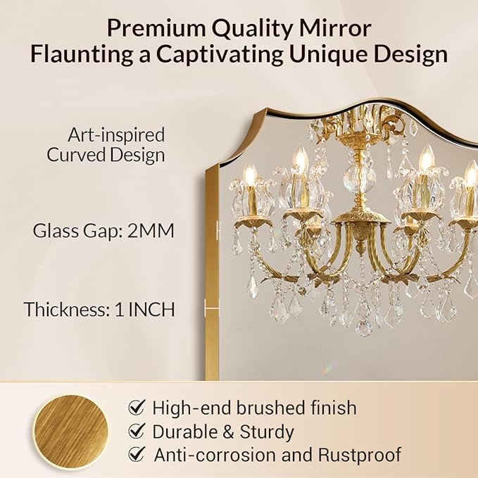 Gold Mirror for Bathroom, Gold Scalloped Bathroom Mirror, Vintage Vanity Mirror, Irregular Mirror in Stainless Steel, 22 x 30 Antique Brass Mirror, Wall Mounted Mirrors with Curved Edge