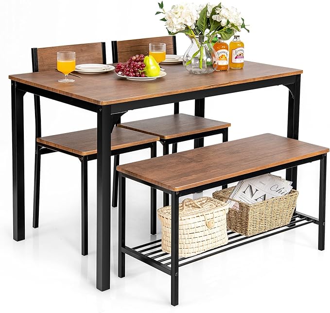 Giantex Dining Table Set for 4, 43" Kitchen Table and Chairs, Dining Bench with Metal Frame & Storage Rack, 4-Piece Modern Functional Desk Set for Dinette, Small Space, Apartment, Restaurant, Brown