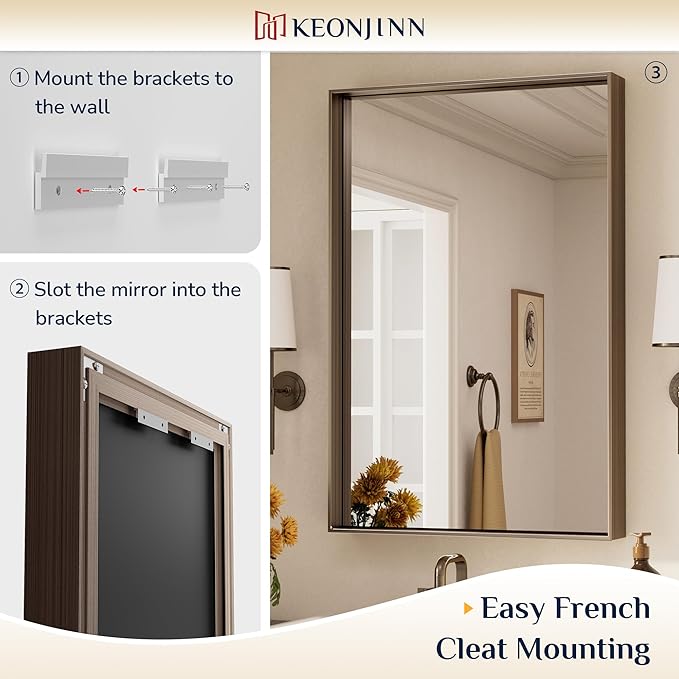 Keonjinn 22 x 30 in Brushed Bronze Framed Mirror for Bathroom, Bronze Vanity Mirrors for Over Sink, Square Corner, Modern Farmhouse Style, Aluminum Alloy Frame(Horizontal/Vertical)