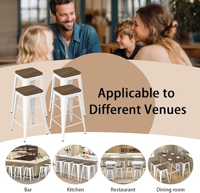26 inch Backless Bar Stools Set of 4, Indoor Metal Bar Stools with Wood Seat, Industrial Counter Height Barstools for Kitchen Island, White