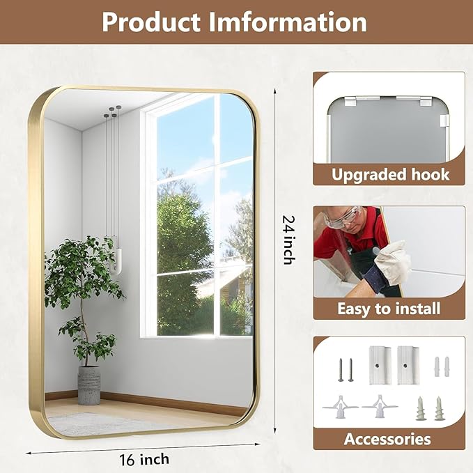 16x24 Inch Gold Bathroom Mirror, Brushed Brass Gold Metal Framed Rectangular Mirror with Rounded Corner, Wall Mounted Vanity Mirror for Bedroom or Living Room, Horizontal/Vertical