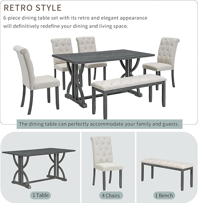 SogesPower 6-Piece Dining Table Set, Rectangular Farmhouse Kitchen Dining Table Set with 4 Upholstered Chairs & 1 Bench, Retro Kitchen Table Set for 4-6 for Dining Room Living Room, Gray Wash
