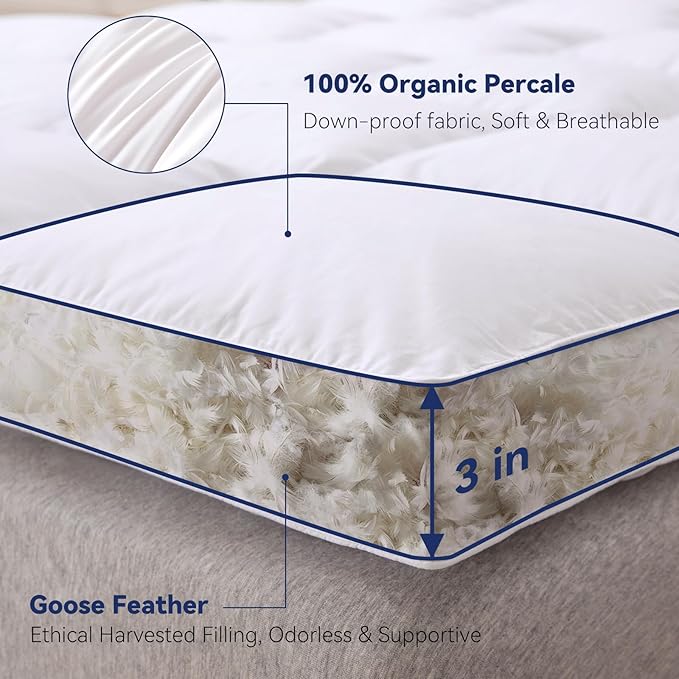 3 Inch White Goose Feather Mattress Topper,Full Feather Bed Topper,Mattress Cover with Straps,Ultra Soft Pillowtop,100% Organic Cotton Fabric(54”x75”)