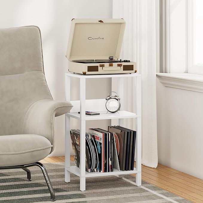 TUTOTAK Record Player Stand with Storage Up to 100 Albums,Record Storage Table,3 Tier End Table,Side Table for Living Room, Bedroom, White TB01BW075