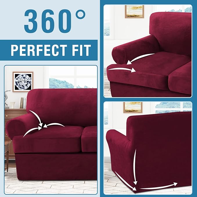 H.VERSAILTEX Sofa Cover 4 Piece T Cushion Sofa Slipcovers Thick Velvet Couch Cover Furniture Protector Stretch T Cushion Sofa Covers for 3 Cushion Couch with 3 Individual T Cushion Covers, Burgundy
