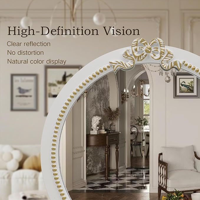 Vintage Round Wall Mirror 20inch Farmhouse Wooden Vanity Mirror for Wall Decor, Decorative Antique White Bathroom Mirrors, Traditional Art Home Bow Decor for Dressing Table, Living Room or Bedroom