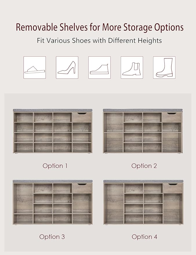 DINZI LVJ Shoe Bench, Entryway Storage Bench with Drawer and 15 Cubbies, Cubby Shoe Rack with Adjustable Shelves, Shoe Organizer Cabinet for Living Room, Bedroom, Mudroom, Closet and Garage, Greige