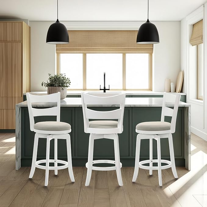 Armen Living Blair 26 in. Matte White Counter Height Rubberwood Swivel Barstool with Fog Fabric Seat - Set of 3
