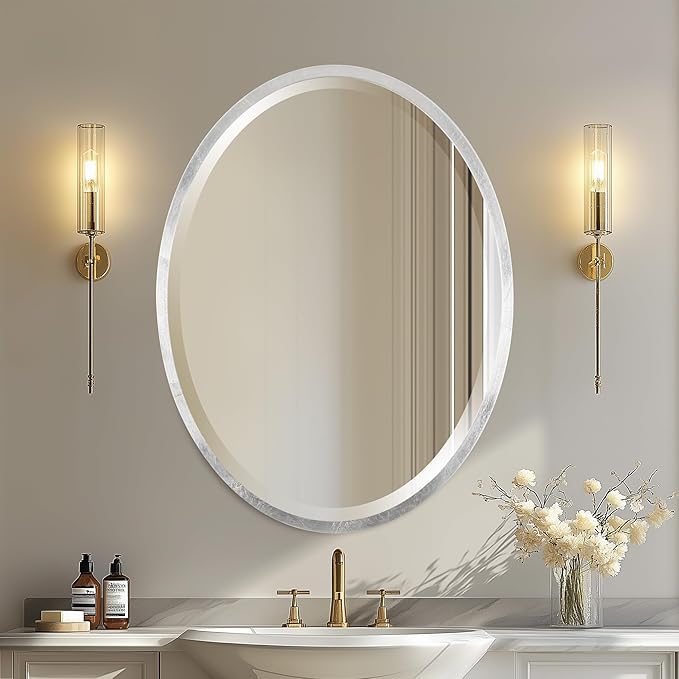 OVALCREST - Oval Wooden Beveled Wall Mirror for Home Decor, Bathroom, Vanity, Bedroom, Living Room, Hallway - London Style (Silver Leaf with Brown Antique) 25.1 x 37.1