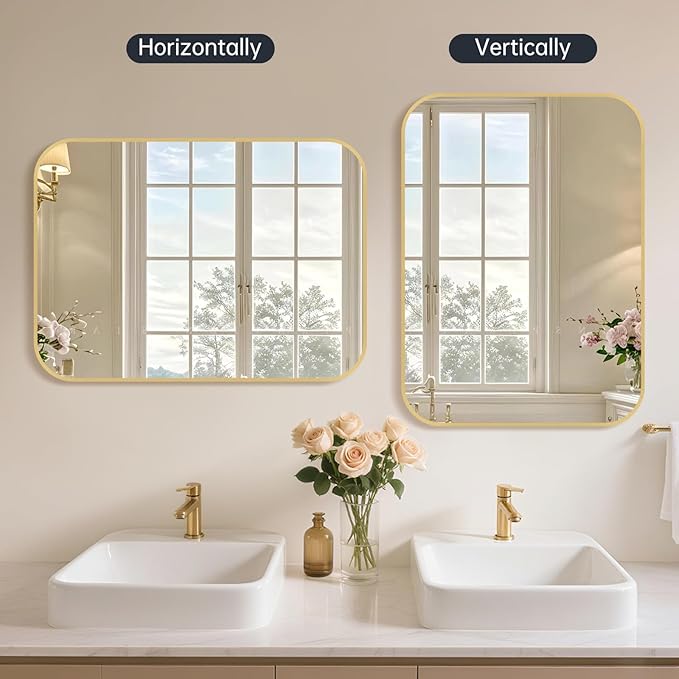 24x32 Inch Bathroom Mirror for Wall, Gold Framed Rectangle with Rounded Corner, Aluminum Alloy Brushed for Bedroom or Living Room, Vertical or Horizontal
