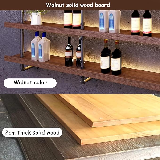 39.7in Large Wine Rack with LED Light Solid Wood Wall Mounted Wine Rack, 3-Tiers Liquor Bottles Floating Shelves Display Storage Organizer for Home Bar & Dining Room (100cm/39.7in)