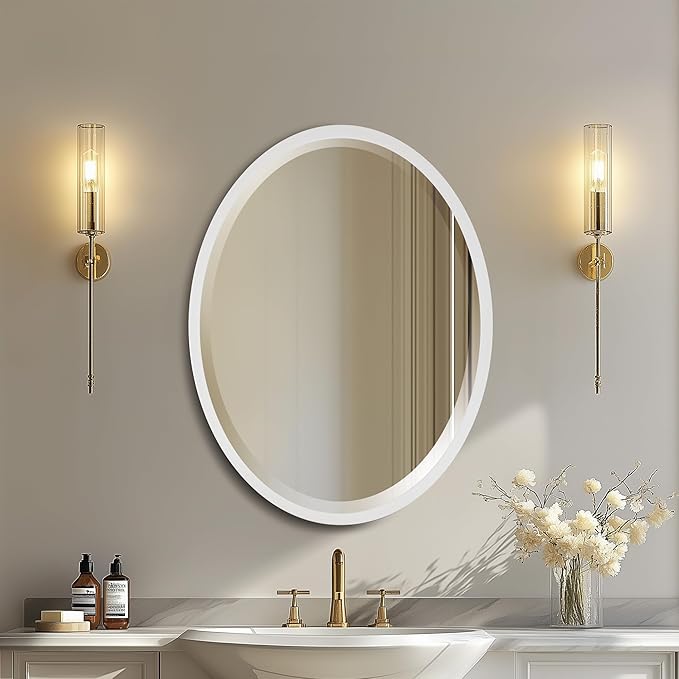 OVALCREST - Oval Wooden Beveled Wall Mirror for Home Decor, Bathroom, Vanity, Bedroom, Living Room, Hallway - London Style (Linen White) 21.1 x 31.1
