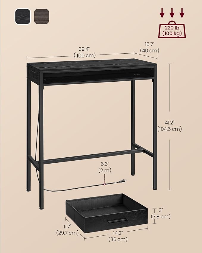 VASAGLE Bar Table with Power Outlets, 39.4 Inches Long Bar Height Pub Table, Rectangular High Top, with Movable Drawer, 2 Hooks, Narrow Storage for Kitchen, Dining, Entryway, Ebony Black