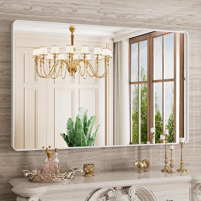White Bathroom Mirror 48x30 Inch, White Metal Framed Bathroom Mirror for Wall, Rounded Rectangle Matte Bathroom Vanity Mirror, Tempered Glass, Anti-Rust, Horizontal/Vertical