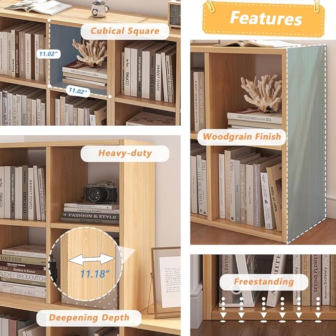8 Cube Organizer Bookcase - Fabric Storage Bins Container, Open Shelf Simple Compartments Bookshelf, Oak