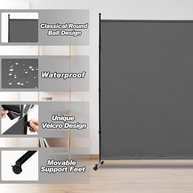 6FT Single Panel Room Divider with Wheels,Rolling Fabric Room Dividers for Partition Privacy Screens,Freestanding Wall Divider for Home Office,Restaurant,Hospital(Grey)