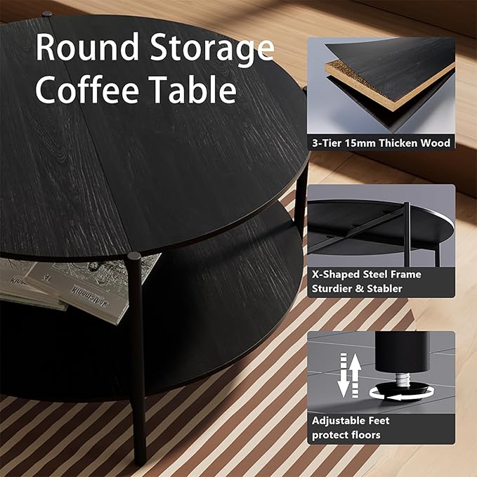 Round Coffee Table, 2-Tier 32.9" Circle Coffee Tables with Storage Wood Rustic Farmhouse Center Circular Coffee Table for Living Room Bedroom Balcony Office - Black