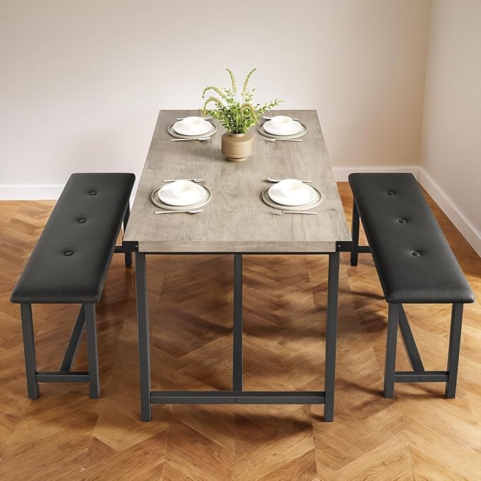 3 PSC Dining Table Set with 2 Upholstered Benches and 1 Table for 4, 44" Small Space Breakfast Nook Set, Kitchen Table with Tufted Upholstered Seats, Rustic Wood & Metal Frame, Easy Assembly