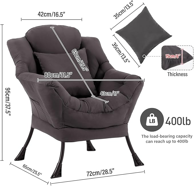 Lazy Chair with Pillow for Living Room, Modern Lounge Accent Chair with Armrests, Leisure Sofa Chair Set, Reading Chair for, Bedroom, Dorm Room, Office, Dark Grey