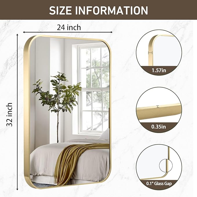 Gold Bathroom Mirror, 24x32 Inch Brushed Gold Mirror, Aluminum Alloy Framed Rectangle Bathroom Mirror for Over Sink, Anti-Rust Wall Mirror (Horizontally or Vertically)