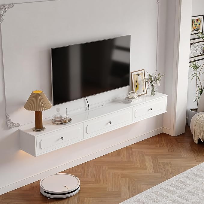 Retro Floating TV Console with 3 Doors,55'' High Gloss Floating TV Stand,Wall Mounted TV Cabinet,Contemporary Floating Media Console for Under TV Storage,Living Room,Bedroom(White)