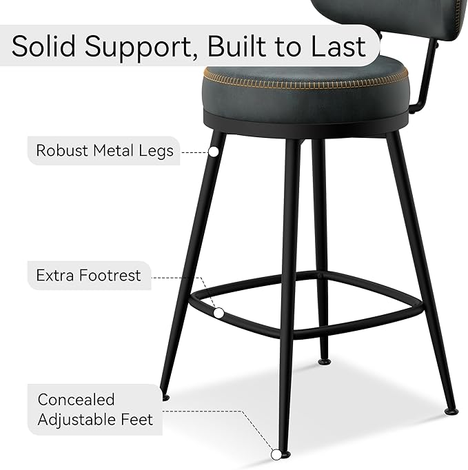Counter Height Bar Stools, 26" H Swivel Barstools Set of 8, Faux Leather Kitchen Counter Stools with Back and Stylish Stitching, Metal Frame, Pub, Home Bar, Balck Green