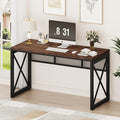 BON AUGURE Farmhouse Computer Desk, Modern Industrial Home Office Desks, Wood Metal Study Writing Table, Sturdy Gaming Desk (Rustic Oak, 54 Inch)