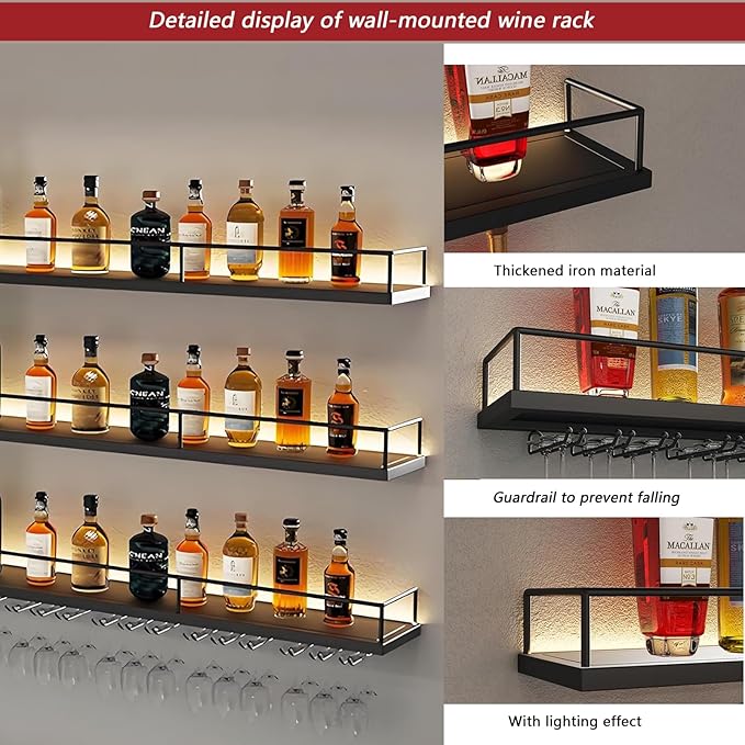 63in Wall-Mounted Metal Wine Rack with LED Lights 3-Tier Floating Bar Shelves with Wine Glass Rack Large Wine Bottle Display Rack Hanging Shelf, for Home Bar Dining Room Decorative (black, 160cm/63in)