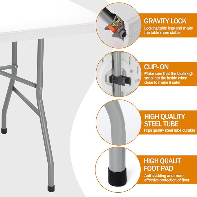 Folding Table 6ft Plastic Folding Table Indoor & Outdoor for Picnic, Camping,BBQ and Party, with Powder Coated Steel Legs and Built in Carry Handle, White