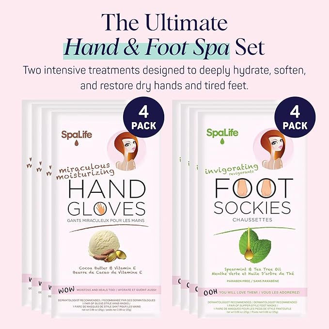 SpaLife Moisturizing Hand Gloves & Foot Mask Socks | Korean Skincare Set for Dry Cracked Hands & Dry Cracked Feet Callus Remover Alternative | Self Care Gifts for Women | 4 Hand, 4 Foot