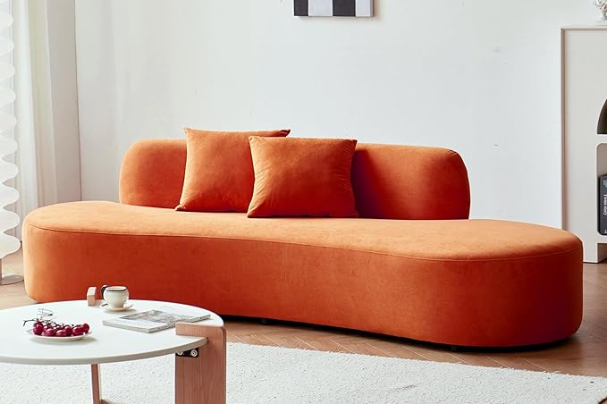 Container Furniture Direct 90" Curved Sofa with Throw Pillows, 4 Seater Luxury Velvet Couch with Half Moon Design and High-Density Foam, Ideal for Modern Living Room, Office & Apartment, Red Orange