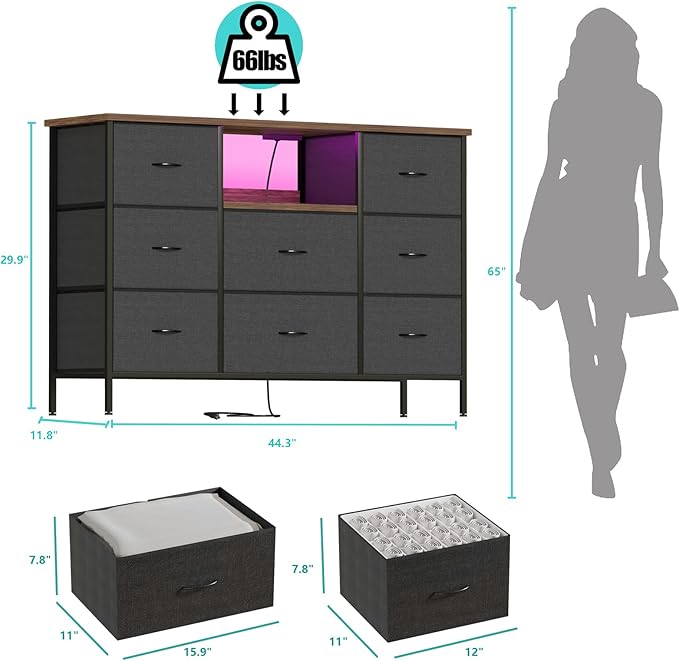 Black Dresser with LED Lights & Power Outlets, Dresser TV Stand with 8 Drawers for 55" TV, Fabric Chest of Drawers for Bedroom, Living Room, Entryway
